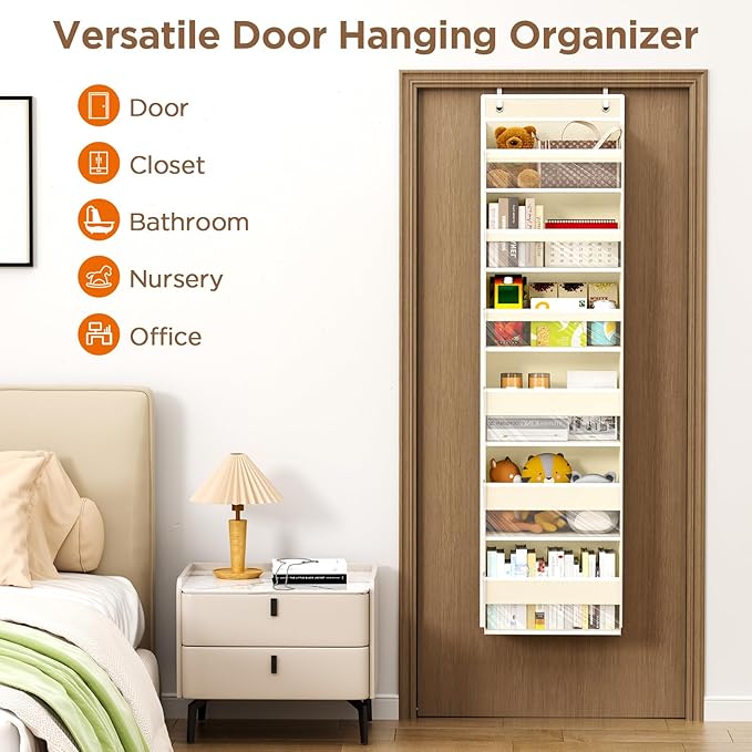 Over The Door Organizer, 6 Shelf Door Hanging Organizers with 6 Large Capacity Pockets, Behind Door Storage Hanging Shelves for Closet Wall Bathroom Bedroom Nursery