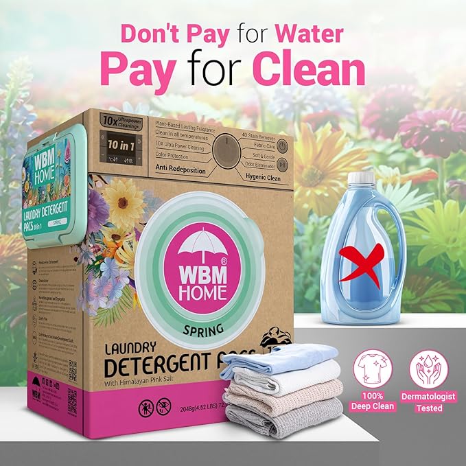 WBM Laundry Detergent Pods, Spring Fragrance Scent, 128 Count - HE Concentrated Laundry Pods With 10x Ultrapower Cleaning and 4D Laundry Stain Remover