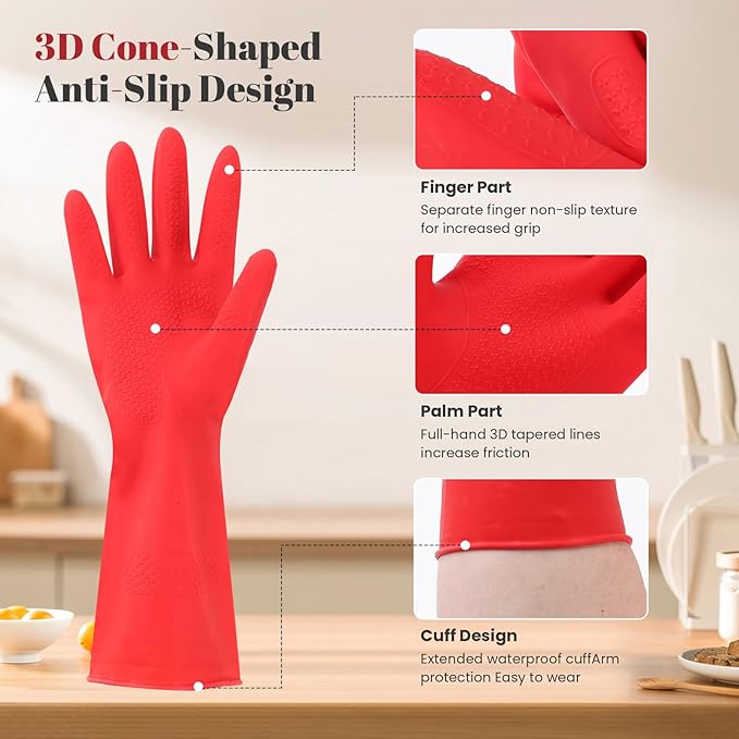Rubber Cleaning Gloves for Dishwashing - 4 Pairs Kitchen Gloves for Washing Dishes, Reusable Household Gloves for Bathroom, Gardening (Small, Red & Beige, 2 Pairs of Each Color)