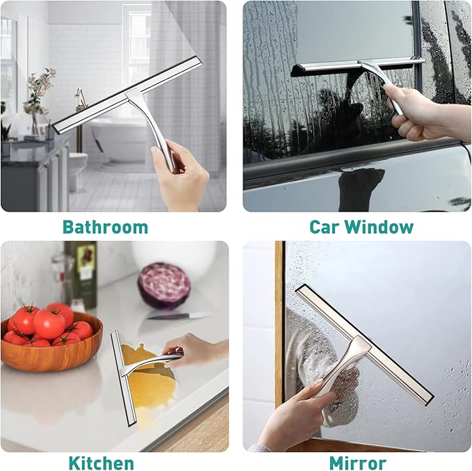 Shower Squeegee for Glass Doors,14-Inch Shower Glass Squeegee, Sliver Shower Squeegee for Shower Doors,Mirror,Windows, with Shower Door Hook and Adhesive Hook
