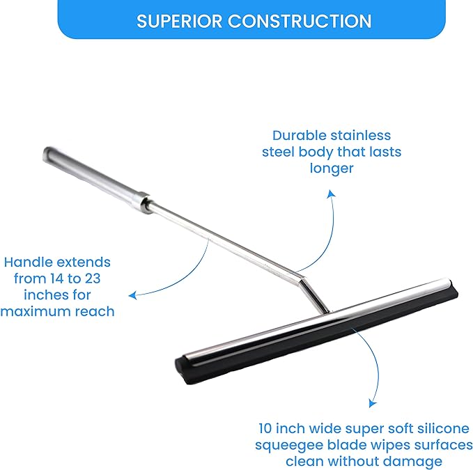 Shower Squeegee with Long Handle and Adhesive Hook. for Glass Doors, Tile Walls, Mirrors and Windows. Telescoping Squeegee for Cleaning. Bathroom Stainless Steel Squeegee, 10inch Wide, Chrome – 1pk