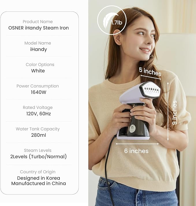 Osner Handheld Garment Steamer for clothes, 1450W Quick Heat Auto-trigger, Compact Travel Steamer, Clothes Steamer, Fabric Wrinkle Remover with Lint Brush Steam Nozzle (8.2 ft cord, White Plus)