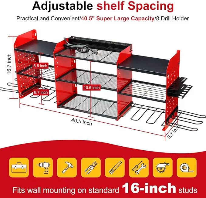 3 layers power tool organizer Loads 150lbs with 10 Cordless Drill Holder and 8 Outlet Power Strip,it’s good choice for husband birthday gift,red
