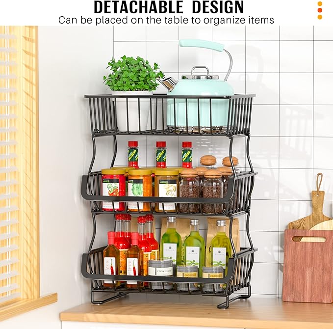 3-Tier Rolling Pantry Organizers and Storage Cart with Wheels – Stackable Wire Snack Cart for Kitchen, Pantry Shelves and Storage Rack for Fruit, Vegetables, Onion, Potato