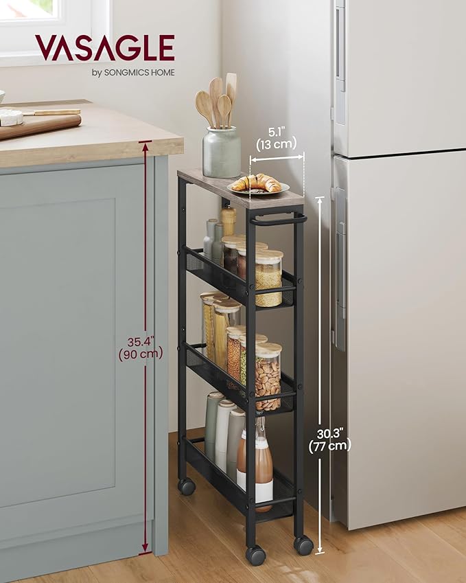 VASAGLE Slim Rolling Cart, 4-Tier Storage Cart, Narrow Cart with Handle, 5.1 Inches Deep, Metal Frame, for Kitchen, Dining Room, Living Room, Home Office, Heather Greige and Classic Black ULRC032K01