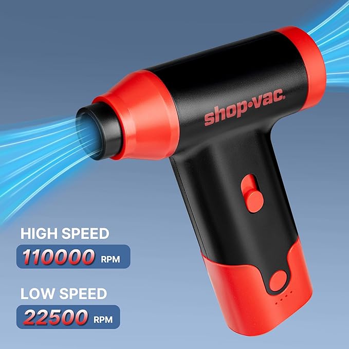 Shop-Vac 2-in-1 Electric Air Duster & Vacuum, 110000 RPM Cordless Air Blower with Brushless Motor, Variable Speed and Rechargeable, 6 Nozzles for Computer, Keyboard, House, Outdoor and Car
