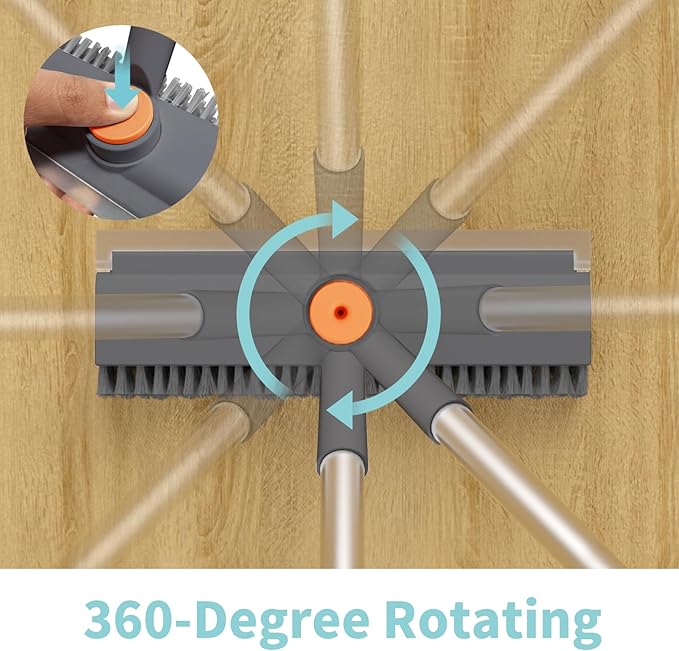 AIR U+ Floor Scrub Brush with Long Handle, Household Cleaning Brush with Right Angled Bristle & Scraper, 360° Swivel Heads, Shower Scrubber for Patio Bathroom Garage Kitchen Wall Deck Tile