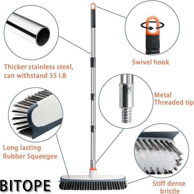 Floor Scrub Brush with Long Handle, Stiff Bristles Deck Brush, BITOPE Multi-Purpose Heavy Duty Hardwood Floor Scrubber, Cleaning Concrete Balcony Patio Garage Outdoor/Indoor
