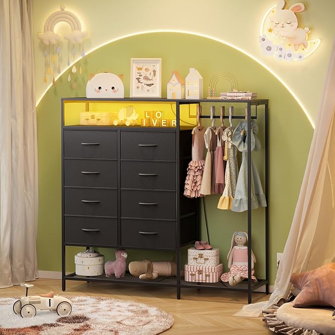 Black Dresser for Bedroom with 8 Drawers and Hanging Rack, 47 Inch Closet Dressers with LED Lights, Shelves & Charging Station, Clothes Storage Organizer