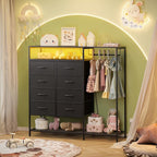 Black Dresser for Bedroom with 8 Drawers and Hanging Rack, 47 Inch Closet Dressers with LED Lights, Shelves & Charging Station, Clothes Storage Organizer