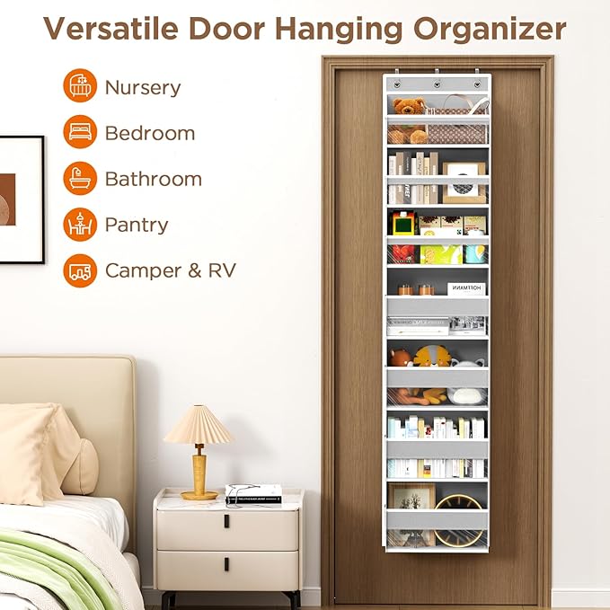 Over The Door Organizer, 7 Tier Door Hanging Organizers with 7 Large Pockets 12 Side Pockets, Behind Door Storage Hanging Shelves for Closet Bathroom Bedroom Nursery