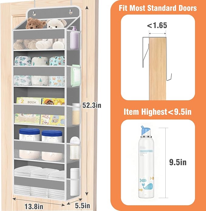 WISELIFE Over The Door Organizer - 5 Shelves Large Capacity Hanging Bedroom Storage Solution with Side Pockets for Dorm Bathroom Pantry Nursery and Baby Essentials Holds up to 40 Lbs (Grey)