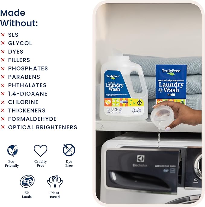 Natural Laundry Detergent for Sensitive Skin | Eco Friendly, Plant Based, Baby Clothes Safe | Clean & Easy Powder to Liquid, 1 Pack Detergent + 1 Refillable Jug | Signature Scent, 50 Loads