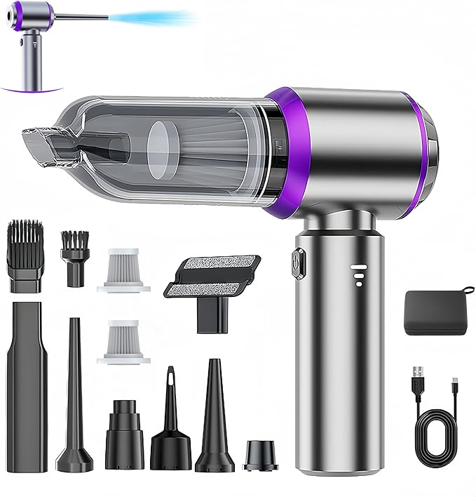 Handheld Car Vacuum Cleaner, 21000PA Rechargeable High Power Cordless Mini Vacuum Cleaner and Blower 4-in-1 with 3 Gear, Vacuum with Brushless Motor for Car, Home, Office, PC