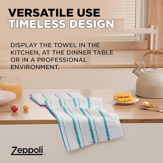 Zeppoli Classic Kitchen Towels - 6 Pack 100% Natural Cotton Towel Set, Reusable Wash Cloths, Absorbent Dish Towels, Machine Washable Hand Towels, Kitchen Essentials, 20" x 28" - Aqua Base