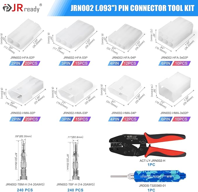 JRready ST6550 .093” Pin Connector Kit 2 3 4 6Pin Connectors Power Crimp Housing Plug 1189 Series Male Female Terminal 14-20AWG Standard Molex 5.03mm Pitch with Crimper Upgraded Pin Removal Tool