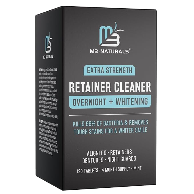 Overnight + Whitening Retainer Cleaner, Remove Stains, Discoloration, and Plaque | 4 Month Supply | Denture Cleanser with Whitening Boost,120 Tablets by M3 Naturals