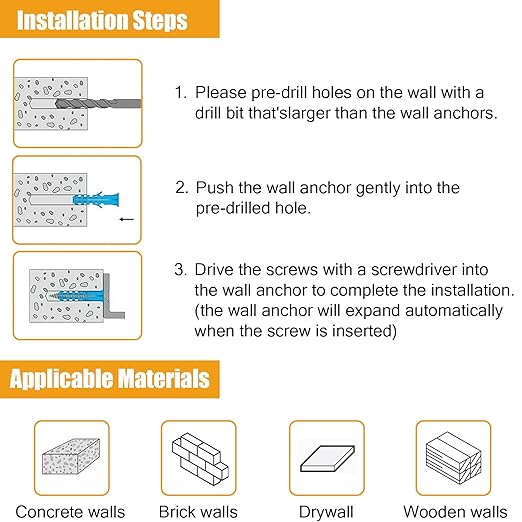 KURUI 510Pcs Wall Hanging Kit with Anchors and Screws, Picture Hanging Kit for Wall Decor Art, Frame, Canvas, Dry Wall Anchors Assortment Kit for Sheetrock Concrete Brick, 6 Sizes Picture Hangers