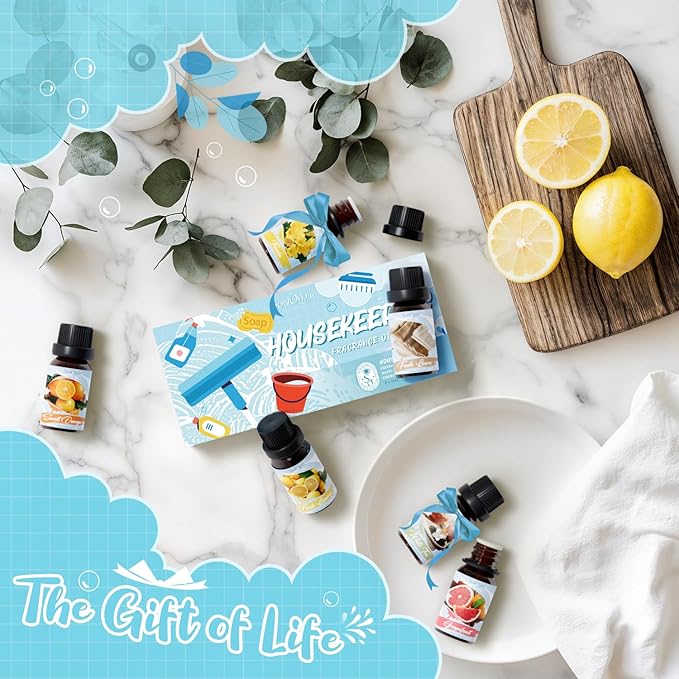 Housekeeping Fragrance Oils Set, Essential Oil Gift Set for Diffuser, Clean Scent Diffuser Oil, Use with Wool Dryer Balls - Lemon, Sweet Orange, White Tea, Fresh Linen, Freesia, Grapefruit