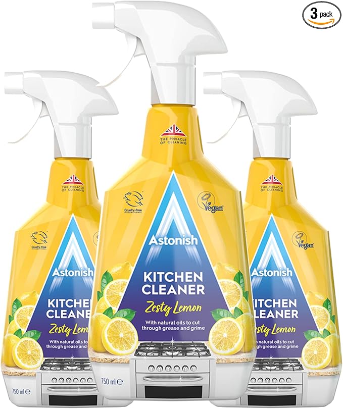 Astonish Zesty Lemon Scented Kitchen Cleaner 3 Pack - All Purpose Cleaning Solution Removes Grease, Grime, & Surface Stains - Cruelty Free Kitchen Grease And Multi Surface Cleaner - 750ml Spray Bottle