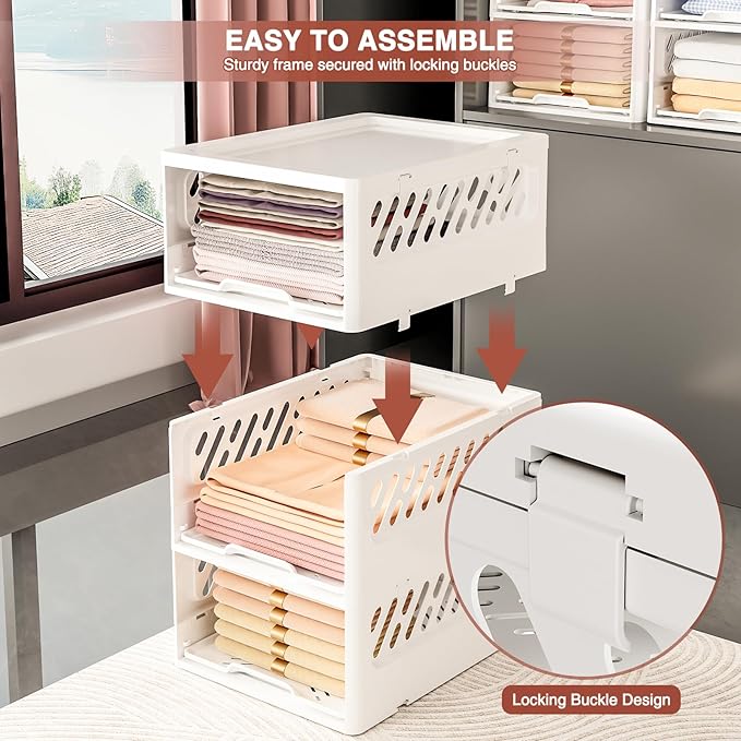 Stackable Closet Organizer Box with lid Plastic Drawer Storage for Armoire and Wardrobe, Foldable Clothes and Towel Storage Basket Bins for Kitchen, Bedroom, Bathroom, Laundry Room, Clothing