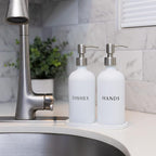 White Glass Hand and Dish Soap Dispenser Set - Modern Farmhouse Sink Accessories - 16 oz Kitchen Sink Set With Tray, Stainless Pumps & Funnel