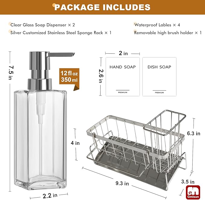 GMISUN Kitchen Soap Dispenser, 12 Fl oz/350ml Clear Dish Soap Dispenser with Silver Sponge Holder, Customized Glass Dish Soap Dispensers for Kitchen, Modern Hand and Dish Soap Dispensers Set Removable