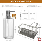 GMISUN Kitchen Soap Dispenser, 12 Fl oz/350ml Clear Dish Soap Dispenser with Silver Sponge Holder, Customized Glass Dish Soap Dispensers for Kitchen, Modern Hand and Dish Soap Dispensers Set Removable