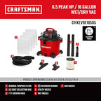 CRAFTSMAN CMXEVBE18595 16 Gallon 6.5 Peak HP Wet Dry Vac, Heavy-Duty Shop Vacuum Wet and Dry with Filter, 4 Dust Bags, Hose and Attachments for Home Projects & Renovations