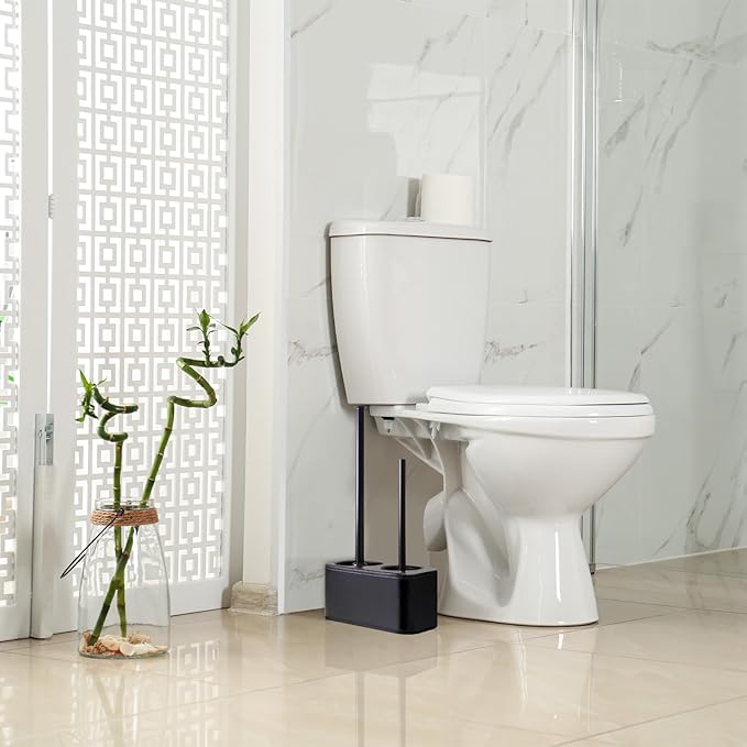 Blue Donuts Toilet Brush and Plunger Set with Holder, Sleek Minimalist Modern Black Bathroom Accessories Toilet Plunger and Toilet Bowl Brush Combo