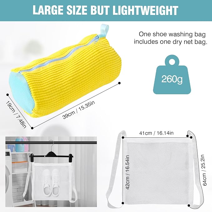 XXL Shoe Washing Machine Bag, 1 Pack Laundry Shoe Bag for Washer and Dryer, Sturdy Zipper with Hook Design, Dry Net Bag Included, Reusable for Sneaker, Tennis, Yellow 1PCS
