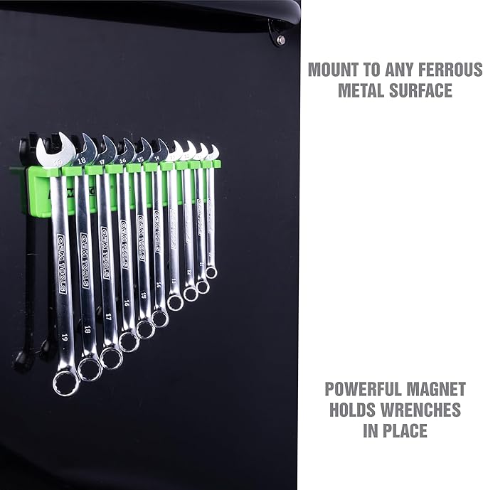 OEMTOOLS 22512 Magnetic Wrench Holder and Tool Organizer, Magnet Holds Up To 10 Wrenches To Most Metal Surfaces, SAE and Metric, 9.25 Inch Magnetic Tool Holder For Shop Or Garage, Green