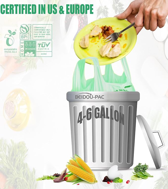 4-6 Gallon Compostable Trash Bags, 150 Count - Kitchen Trash Bags with Handle, Sturdy Biodegradable Garbage Bags for Food Scrap Waste, ASTM D6400, US BPI Certified