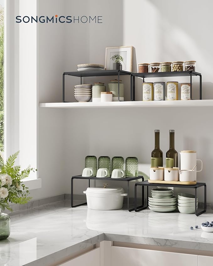 SONGMICS HOME Bamboo Cabinet Organizer Shelf, Nice-Looking Set of 2 Kitchen Counter Shelves, Kitchen Storage, Spice Rack, Stackable, Expandable, Ink Black UKCS050B01V1