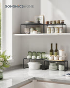 SONGMICS HOME Bamboo Cabinet Organizer Shelf, Nice-Looking Set of 2 Kitchen Counter Shelves, Kitchen Storage, Spice Rack, Stackable, Expandable, Ink Black UKCS050B01V1