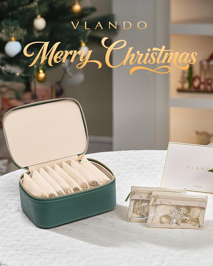 Vlando Jewelry Travel Case,Travel Jewelry Organizer with Clear Velvet Jewelry Bags 8Pcs Zipper Pouch for Women Girl Gift-Green