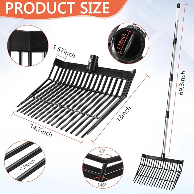 Manure Fork, Manure Fork Replacement Head – Heavy Plastic Horse Manure Fork with 69 Inch Spliced Extension Rod, Long Handle Fork for Hay, Compost, Barn, Horse Stable & Gardening（Black）