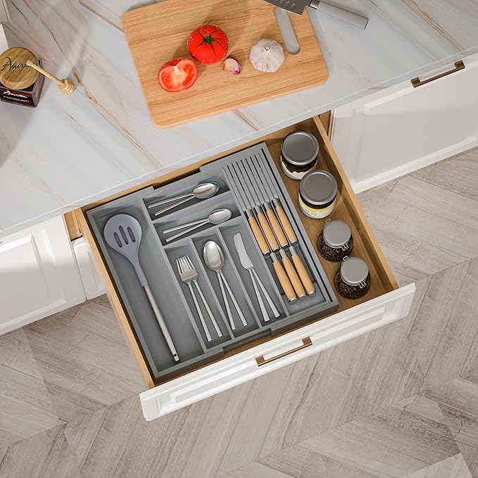 Bamboo-Silverware-Drawer-Organizer-Kitchen, Expandable Utensil Holder Cutlery Tray Flatware Organization Adjustable Wood Tableware Dividers Storage (with Removable Knife Block)(Grey)