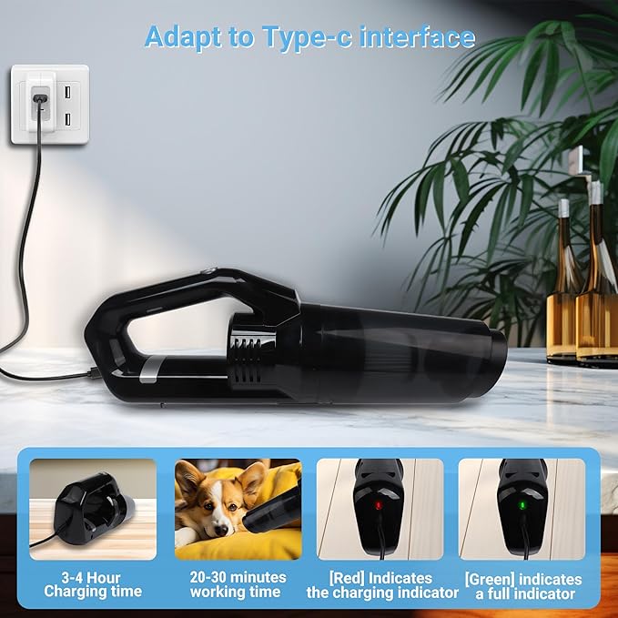 Handheld Car Vacuum Cleaner,Portable Vacuum Cleaner with 15000PA Suction,High Power Wet and Dry Mini Rechargeable Car Vacuum Cleaner with LED Light ,Multi-Nozzles for Car, Home, Office,Pet(black)