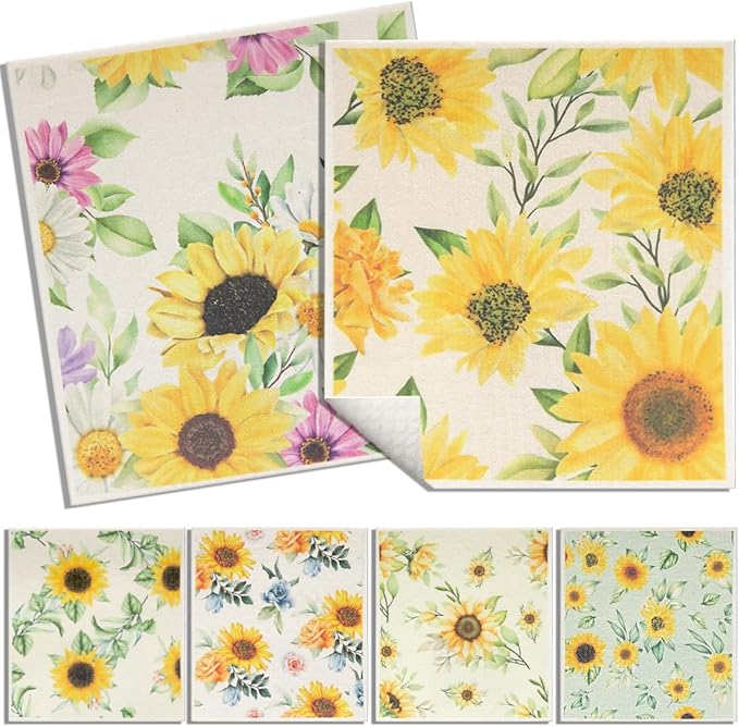 6 - Pack Swedish Kitchen Dish Cloths - Reusable Paper Towels for Counters & Dishes - Eco Friendly Cellulose Sponge Cloth - Assorted (Sunflower)