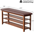 47.2“ Entryway Shoe Storage Bench with Leather Cushion, Farmhouse Wooden Shoe Rack Bench with 3 Tire Under Bench Shoe Storage, Adjustable Shelf and Seating, for Hallway, Front door, Outdoor