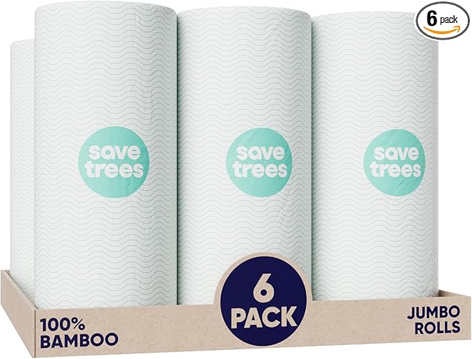 Save Trees Bamboo Paper Towels 6pk - 750 Sheets Paper Towels Rolls Ultra Absorbent & Durable Eco-Friendly - FSC-Certified, totally Plastic-Free, and Vegan