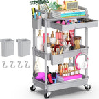 Goovilla 3 Tier Rolling Utility Cart Organizer with Removable Drawer, Stable and Sturdy Grey Rolling Storage Carts with 2 Lockable Wheels for Bathroom, Kitchen, Snack, Craft, Makeup, Baby Essentials