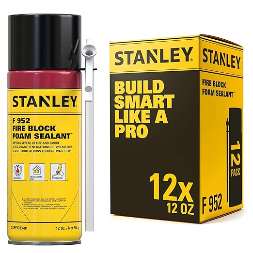 Stanley F952 Fire Block Spray Foam – (12x12oz) Fire Rated Expanding Polyurethane Foam Sealant for Gap Filling & Sealing on Doors, Windows, Walls, Pipes & Joints – Indoor/Outdoor Straw Use | 12 Pack