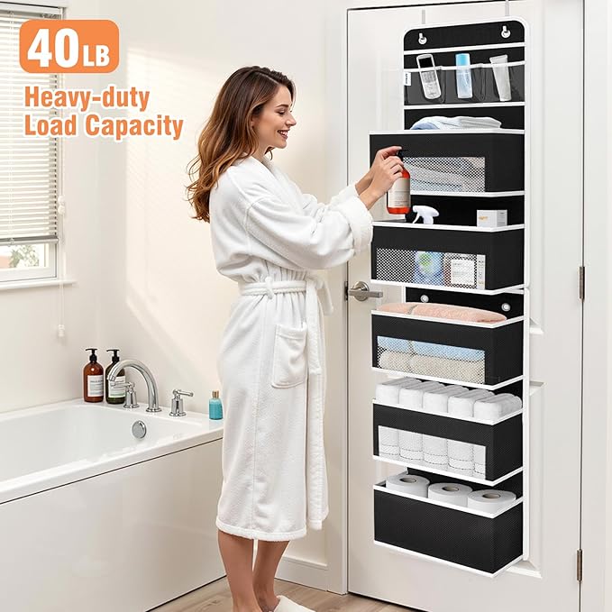 WISELIFE Over the Door Organizer - 6 Shelves Detachable Hanging Bedroom Storage Solution with 5 Large Pockets and 3 PVC Pockets for Dorm Bathroom, Pantry Nursery Baby Essentials (Black)