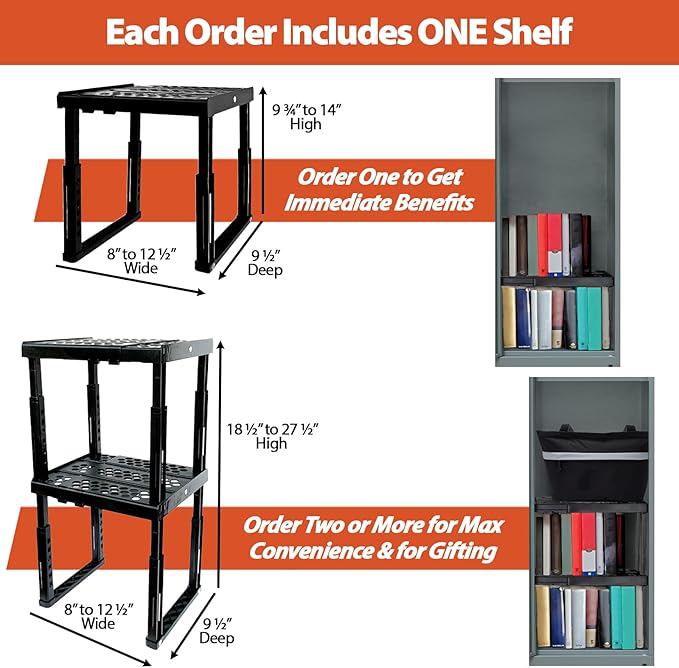 Locker Organizer Shelf， Adjustable Width and Height, Ideal Locker for School, Office, and Gym Lockers (Black 2 Pack), PLKSLF01