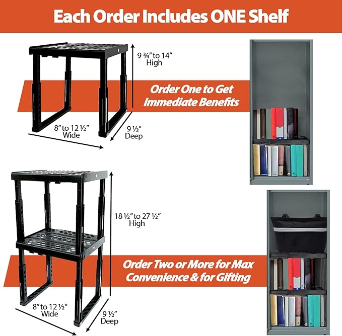 Locker Organizer Shelf， Adjustable Width and Height, Stackable, Ideal Locker Shelf for School, Office, Gym Lockers, or Even Kitchen Cabinets & Under Sink Organization (Black)