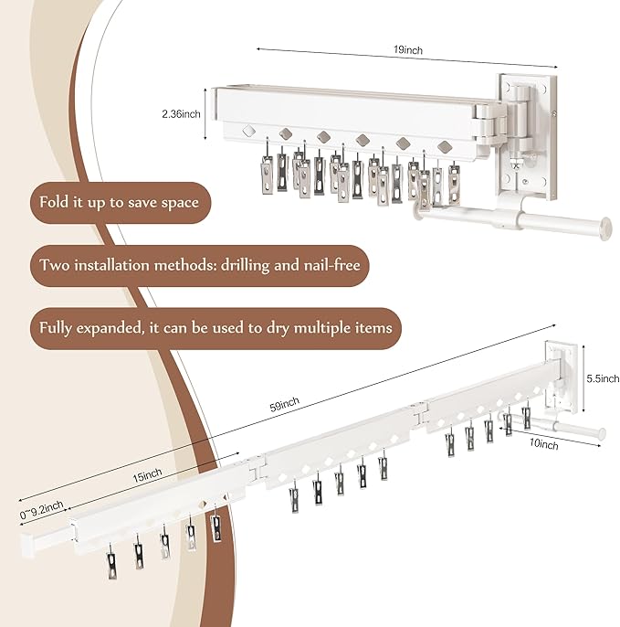 Wall Mounted Collapsible Clothes Drying Rack, Durable Space-Saving Laundry Drying Rack Clothing Hanger, Upgraded with Clips and Windproof Holes