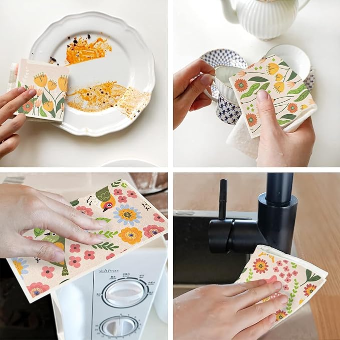 6 - Pack Swedish Kitchen Dish Cloths - Reusable Paper Towels for Counters & Dishes - Eco Friendly Cellulose Sponge Cloth - Assorted (Broken Flowers)