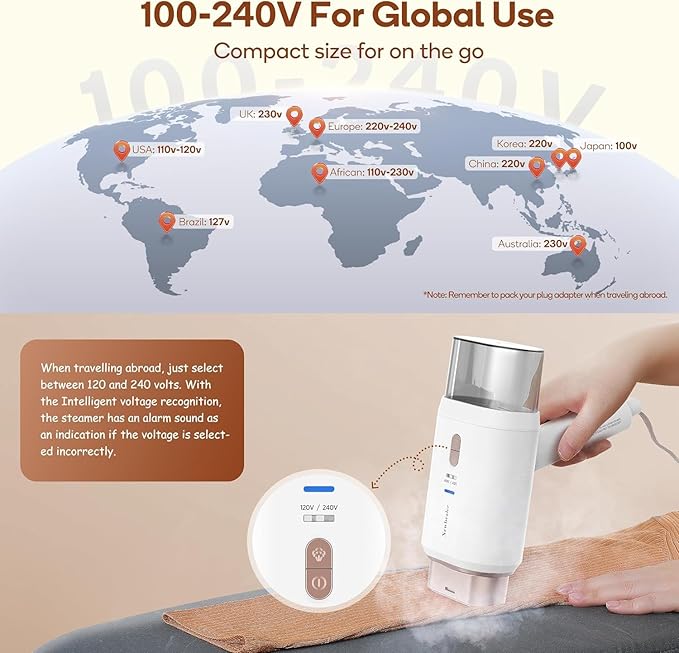 Newbealer Dual Voltage Garment Steamer - 120V/220V, 1200W Powerful Steamer for Clothes, Home & Travel Use, Horizontal & Vertical Steaming, 20s Heat-up, Foldable, 1.72lbs, 180ml (Gold)